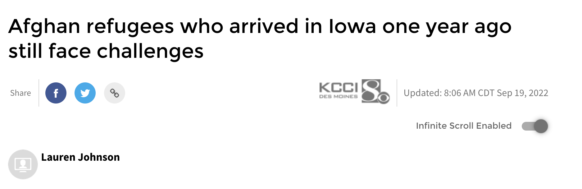 Article headline "Afghan refugees who arrived in Iowa one year ago still face challenges"