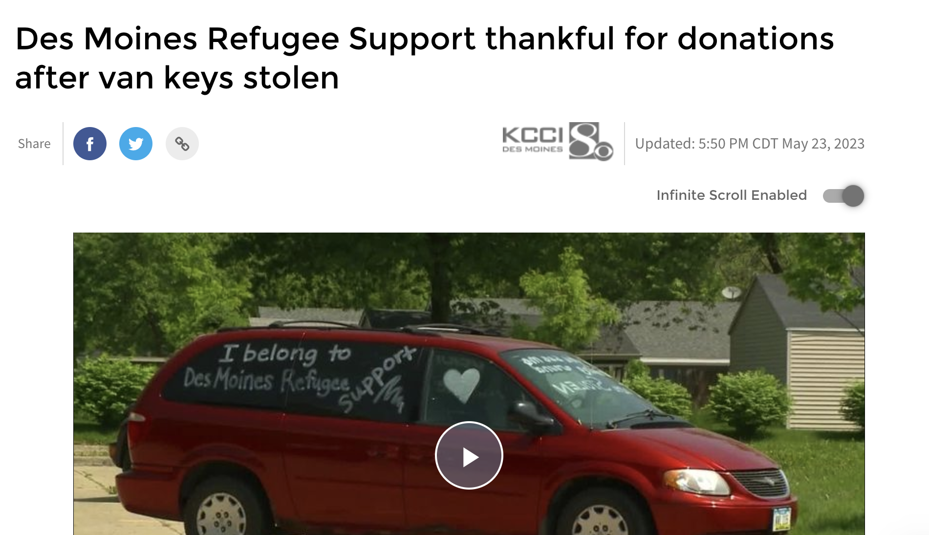 Article headline reading " Des moines refugee support thankful for donations after van keys stolen"